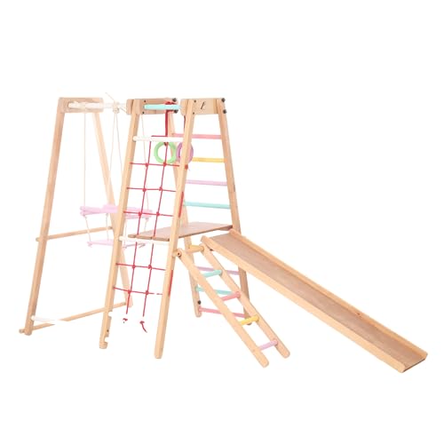 ARIRO Toys - Indoor Jungle Gym for Toddlers Indoor Playground 6-in-1 Multicolor Waldorf Style Wooden Toddler Slide with Baby Ladder, Climbing Rope Ladder, Swing,Rings Gymnastic Kids, Playgym Ladder