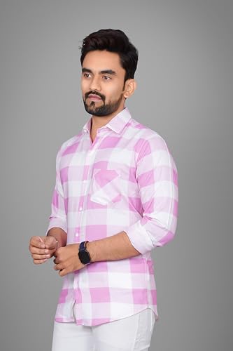 Image of Voroxy Men's Casual Checks Shirt with Pockets Cotton Blend Stylish Branded Checkered Pattern Formal Shirt & Regular Fit Full Sleeves and Spread Collar Style