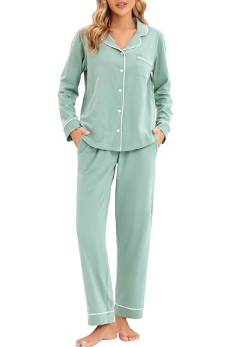Image of LUBOT 100% Cotton Pajamas for Women PJ Set Soft Button-Down 2 Piece Set Knitted Long Sleeve Sleepwear Loungewear S-XXL