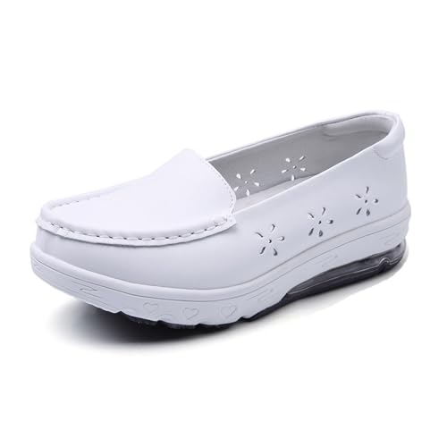 CLSQLXYJZC Women Orthopedic Nurse Sneakers, Women's Breathable Hollow White Air Cushion Slip-On Leather Nurse Shoes, Loafer Waterproof Work Shoes, for Hospital Nurse Doctors