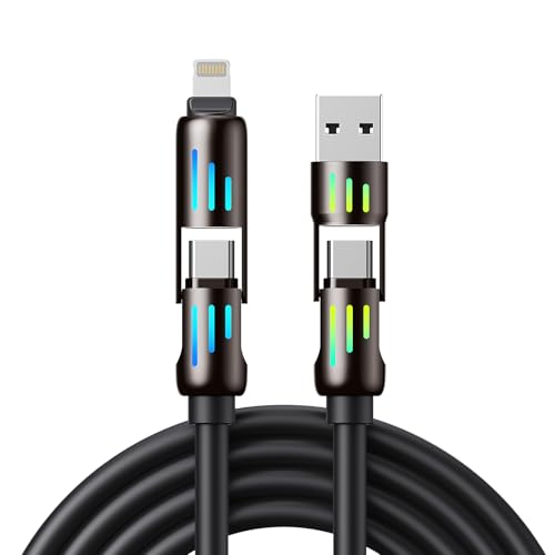 aceyoon 4 en 1 Multi Cable de Carga Rapida 1.2M, 240W Multi USB Cargador Cable con Luz LED RGB, Cable USB C Carga Rapida con USB A/C a Tipo C/Lighting para iPhone 16 15 14 13 para iPad para Samsung