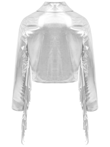 Kids Girls Tassel Metallic Jacket Long Sleeve Zipper Shiny Holographic Fringe Jacket for Birthday Party4