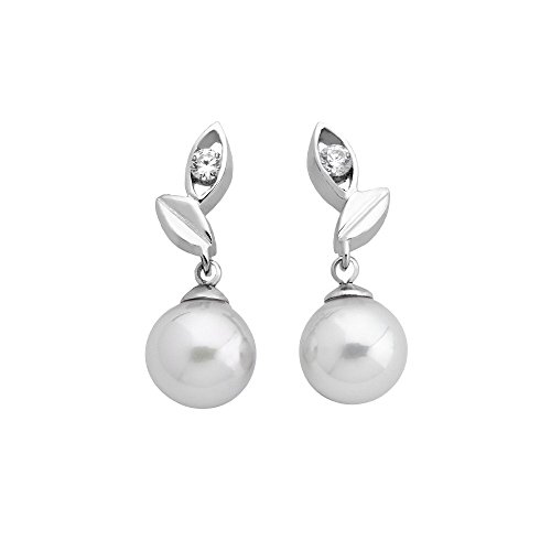 MAJORICA Pendientes Hojas con Perla 8mm y Circonita Selene para mujer con un diseño clásico y elegante, cortos con pincho, en plata rodiada, ideales para el día a día.
