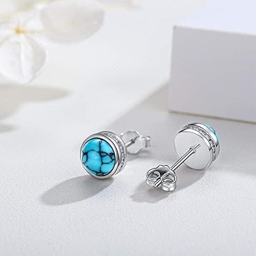 Turquoise Stud Earrings for Women 925 Sterling Silver 7 MM Hypoallergenic Turquoise Earrings Studs Blue Bezel Stud Earrings for Sensitive Ears