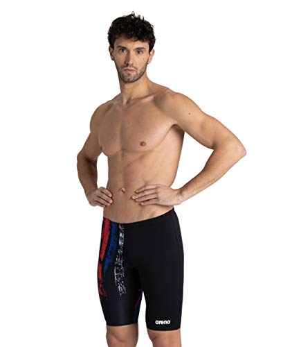 Arena Men's Team Painted Stripes MaxLife Jammer Swimsuit, Black-Multi White, 26