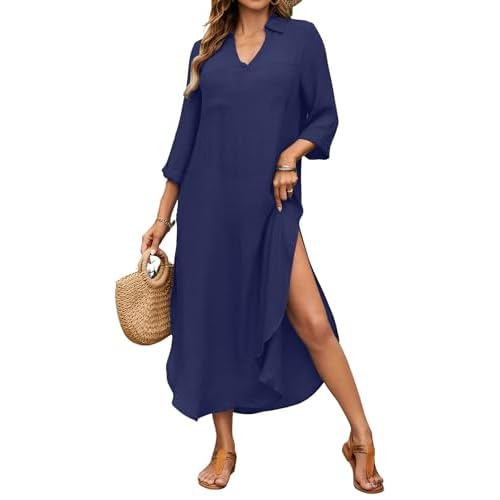 Bsubseach Womens Bathing Suit Cover Up V Neck Long Swimsuit Cover Up Beach Shirt Dress Swimwear with Pockets Navy Blue Large