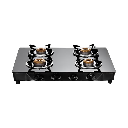 Image of Gilma Rio 4 Burner Gas Stove | Jumbo Brass Burner | 6mm Toughened Glass Top | Powder Coated Body | Vitreous Enamel Pan Supports | Gloss Black | Manual Ignition | 2 Years Warranty By Gilma