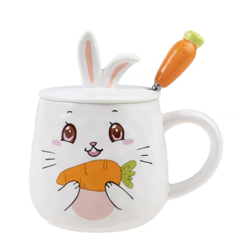 lachineuse – Taza de conejo, zanahoria apetitosa – Colección Bunny – Tapa de orejas de conejo, cuchara zanahoria – porcelana, metal – 425 ml – Café, té, chocolate, capuchino – Idea de regalo original