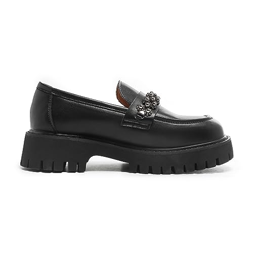 Image of Chunky Loafers Women Platform Loafers for Women Chunky Heel Lug Sole Loafers for Women Slip ons Round Toe