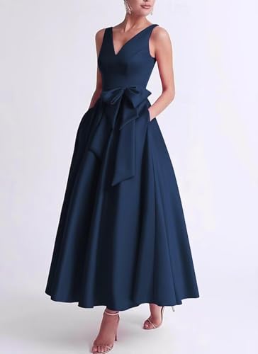 Eightale Satin Mother of The Bride Dress for Women Tea Length Sleeveless A-Line Formal Gown with Bow2