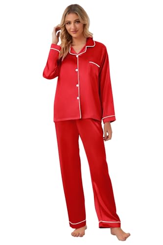 Schbbbta Family Matching Silk Pajamas Set Satin Long Sleeve Button Up Sleepwear Pj Set, S Red Men, US M4
