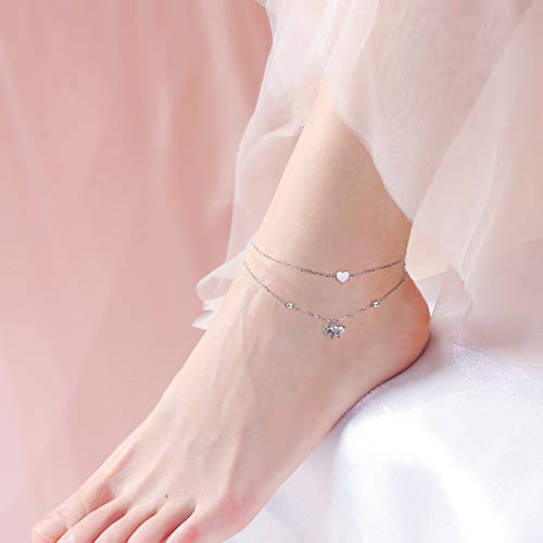 Image of Flyow Anklet for Women S925 Sterling Silver Adjustable Foot Beaded Heart Charm Ankle Bracelet Anklets Jewelry