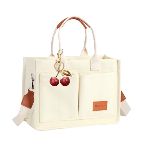 Karinoos Bolsa feminina grande de lona, bolsa transversal, bolsa de ombro, Branco (cereja), Large