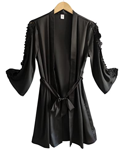 Laura Lily - Pyjama Femmes en Satin avec Dentelle brodé et Couleur Unie Noir Robe M-L