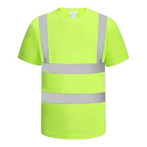 Meiosuns High Visibility Quick Dry Safety Shirts with Reflective Strips Hi Vis Breathable Mesh Fabric Elastic Short Sleeve Shirt Construction Work Neon Class 2 T-Shirt for Men Women (Yellow, L)