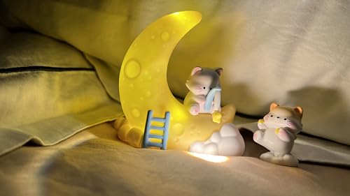 Image of Adorable Moon Fishing Cat Night Light Set - Customizable Cat Figurines - Warm Glow - Ideal for Home Decor and Gifts