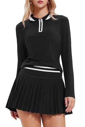 Tennis Skirt Sets for Women Zipper Color Block High Waisted Golf Polo Two Piece Skirt Set Women 2 Piece Outfits A Black
