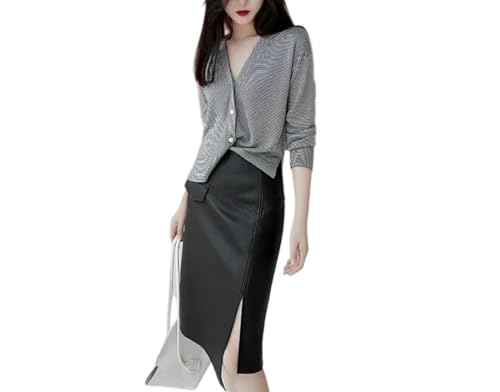 Women Genuine Leather Pencil Skirt Winter Casual Slim Fit Front Split Harajuku Office Lady Knee Length Skirt