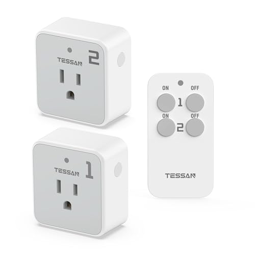 Remote Control Outlet Plug, TESSAN Wireless Light Switch Kit 100ft RF Range, On Off Switch for String Lights, Lamps, Small Appliances, Wireless Power Socket, 15A/1875W (1 Remote and 2 Outlet