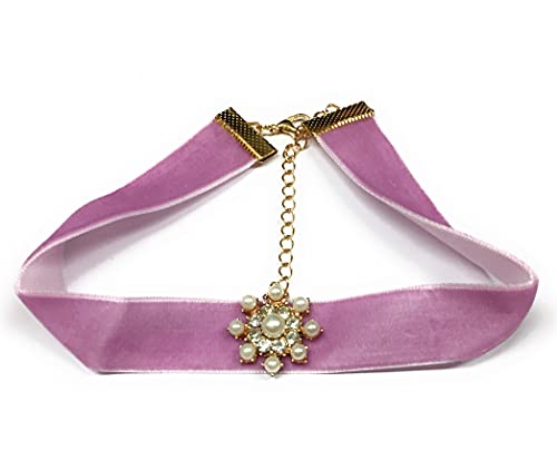 Collana girocollo in velluto viola con perle
