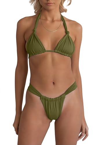Image of Women Two Piece Swimsuits Halter Triangle String Bikini Sets Sexy Ruched Brazilian Cheeky Thong Bathing Suit