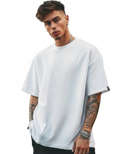 Image of Bewakoof Men's Solid Oversized Fit Half Sleeve Round Neck Cotton T-Shirt