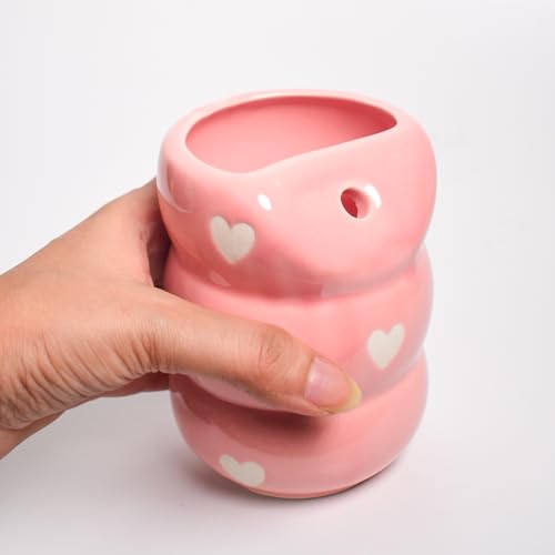 Image of Pink Heart Ceramic Sip Bubble Tumbler with Stainless Steel Straw | Aesthetic, Handmade, Microwave Safe | 220 ML