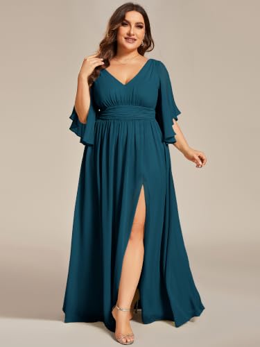 Image of Ever-Pretty Plus Women's Plus Size V Neck Half Sleeves Slit A Line Floor Length Bridesmaid Dress 01886-DA