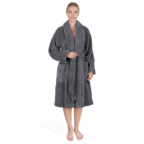 American Soft Linen Women’s Fleece Bathrobe – Luxury Soft, Plush, Fuzzy & Warm Turkish Robe for Women, Cozy Spa Quality Adult Bathroom Lounge Robe, Gray S
