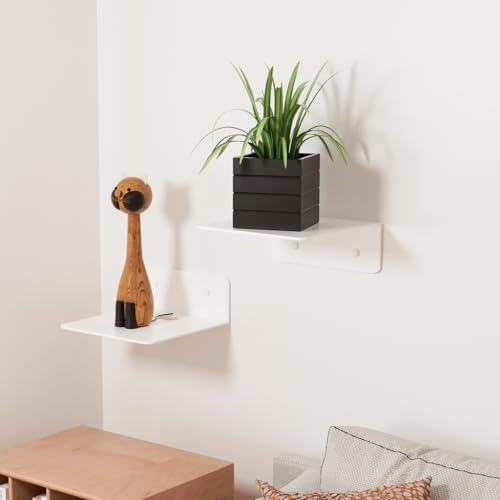 Wisfame Kleines Wandregal Weiß Metall, Mini Schweberegale 12.5cm Breit kleberegal, Kleines Regal Wand Ohne Bohren für Wohnzimmer, Schlafzimmer, Smart Lautsprecher, Uhr, Dekoration（2er-Set）