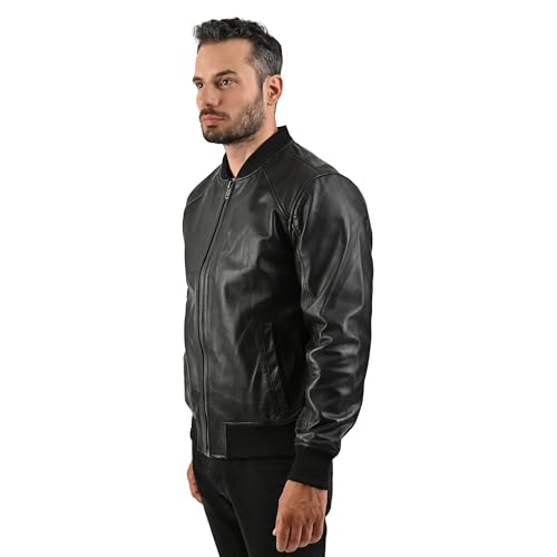 Frye MEN’S CLASSIC LEATHER BOMBER JACKET, GENUINE LEATHER, RIBBED KNIT COLLAR, CUFFS AND HEM – BLACK COLOR4