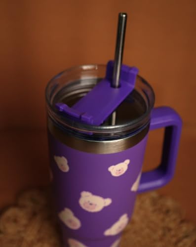 Image of 1200ML Stainless Steel Tumbler Hot and Cold with Handle and Lid and 2 Straws, Double Insulated Cup Leak Proof Mug Cupholder for Gym, Travelling (Dark Purple)