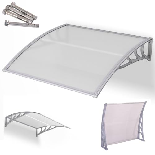 TANGZON 100/122/199 x 98cm Window Door Awning Canopy, Patio Front Door Canopy with ABS Support, Garden Porch Rain Shelter for Sunlight Rain Snow Wind Protection (100 x 100 x 28cm, Gray + Transparent)