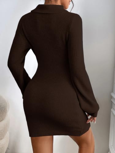 Image of Turtleneck Sweater Dress for Women Lantern Sleeve Mini Bodycon Ribbed Knit Sweater Pullover Short Dresses XS-XXL