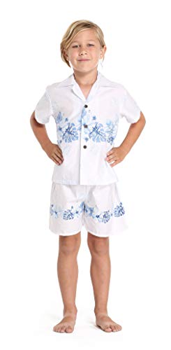 Hawaii Hangover Boy Aloha Luau Shirt Cabana Set in White with Blue Hibiscus