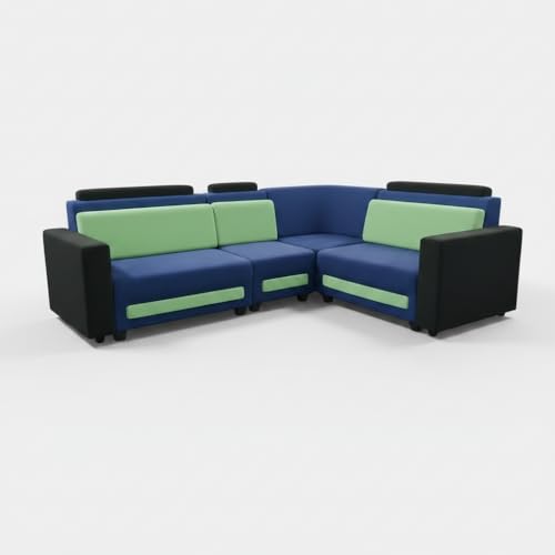 Image of APRODZ Wooden Sofa Set 6 Seater for Living Room, Solid Wood L Shape Sectional Sofa with Velvet Fabric Upholstery, Cushioned Seating for Home, Office & Lounge, Blue, Black & Green