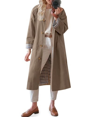 TITOMD Long Trench Coat Single Breasted Check Lining Classic Collar