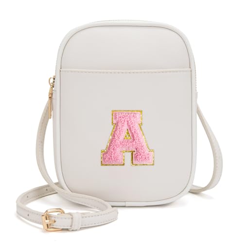 Toddler Purse Initial Crossbody Bags for Girls 3 Pockets PU Leather Cross Body Bag Crossbody Purse Handbag Personalized Gifts for Teen Girls Preppy Cute Stuff (Beige A)