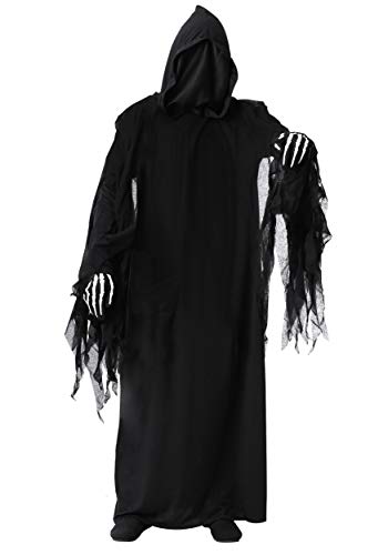 Fun Costumes Grim Reaper Costume | Standard Mesh-Reinforced Hooded Robe with Skeleton Hands, Black Grim Reaper Costume for Adults X-Large