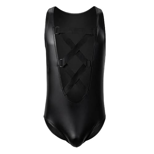 Generisch Moda para hombre, informal, moldeador, cuello de cuero, malla lateral, retracción de cintura, conjunto de mono divertido, Negro , L