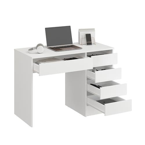KOMTO Schreibtisch mit 5 Schubladen Weiß – Computertisch, Bürotisch, Kinderschreibtisch mit Stauraum, PC Tisch für Jugendzimmer | Arbeitstisch PLIO 110 x 53 x 78,5 cm