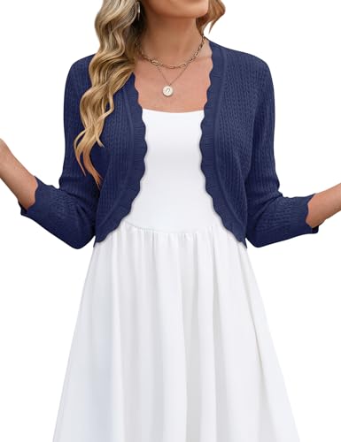 LOMON Womens 3/4 Sleeve Bolero Shrugs for Dresses Cropped Open Front Cardigan Crochet Knit Sweater Jacket M Navy Blue