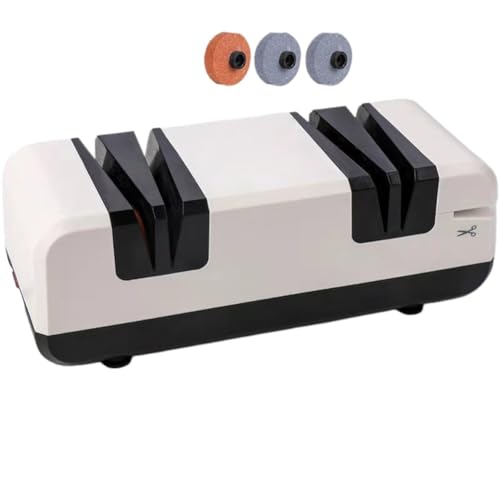 電動ナイフ研ぎ器 セラミックホイール採用 全自動 包丁・ハサミ対応 粗目/細目切り替え可能 安全設計 コンパクト 家庭用・業務用 鈍った刃を簡単復活 (ホワイト,標準+予備研削砥石)