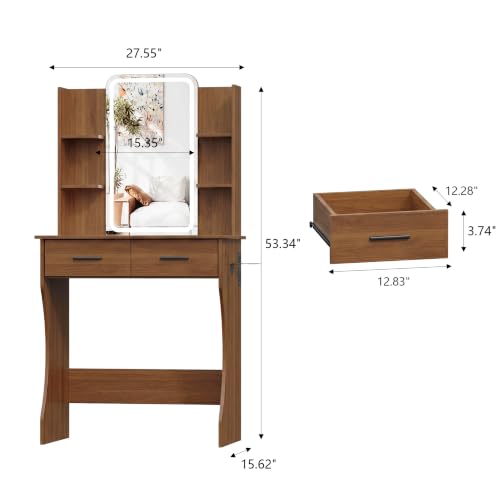 Image of HUANLEGO Small Walnut Vanity Desk with Mirror and Lights for Women Girls