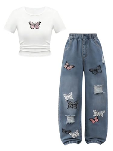 Image of Azmxynol Tween Girl Clothes Short Sleeve Top + Butterfly Design Jeans 2 Pieces Spring Summer Outfit Set, Size 6-16 Years