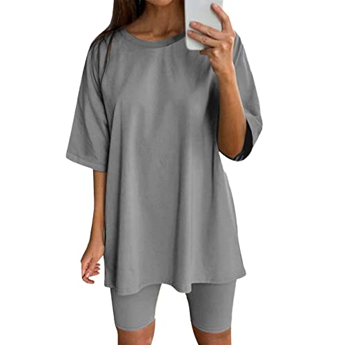 Conjunto Deportivo de Dos Piezas para Mujer con Camiseta de Manga Corta y Shorts para Yoga y Running (Grey, XXXL)