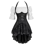 Pirate Costume Renaissance Underbust Corset Dress Skirt 3 Set Women Tailcoat Outfits Gothic Halloween Black L