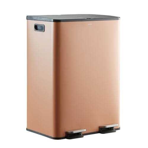 CASABEL Poubelle Tri Selectif 60L – Poubelle 2x30L avec Pédale, Acier INOX TERRACOTTA antitraces, Double Compartiments, Poubelle 2x30L Cuisine,avec Bacs...