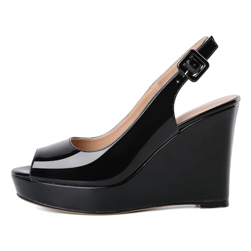 Eldof Women's Peep Toe Wedge Heels Slingback Platform High Pumps Party Dress Casual Sandals 4 Inches4