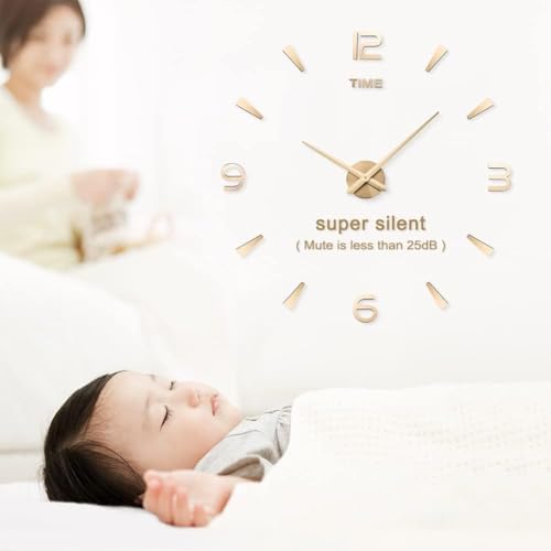 Image of Large DIY Wall Clock Kit | Frameless Modern 3D Wall Clock with Mirror Number Stickers for Home Living Room Bedroom Office Decoration (Gold-1)